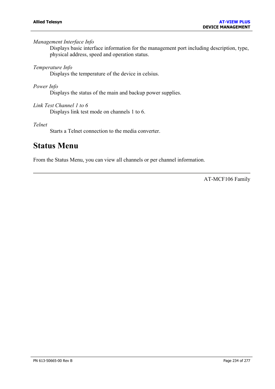 Status menu | Allied Telesis AT-VIEW PLUS 3.1 DEVICE MANAGEMENT User Manual | Page 234 / 277