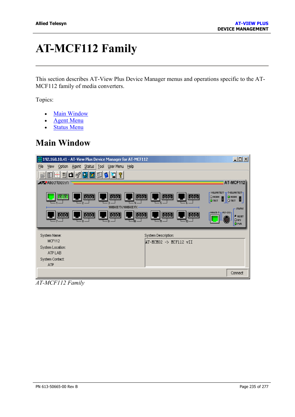 At-mcf112 family, Main window | Allied Telesis AT-VIEW PLUS 3.1 DEVICE MANAGEMENT User Manual | Page 235 / 277