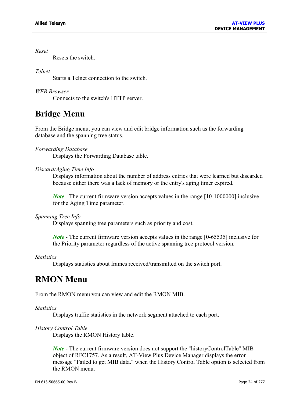 Bridge menu, Rmon menu, Bridge menu rmon menu | Allied Telesis AT-VIEW PLUS 3.1 DEVICE MANAGEMENT User Manual | Page 24 / 277