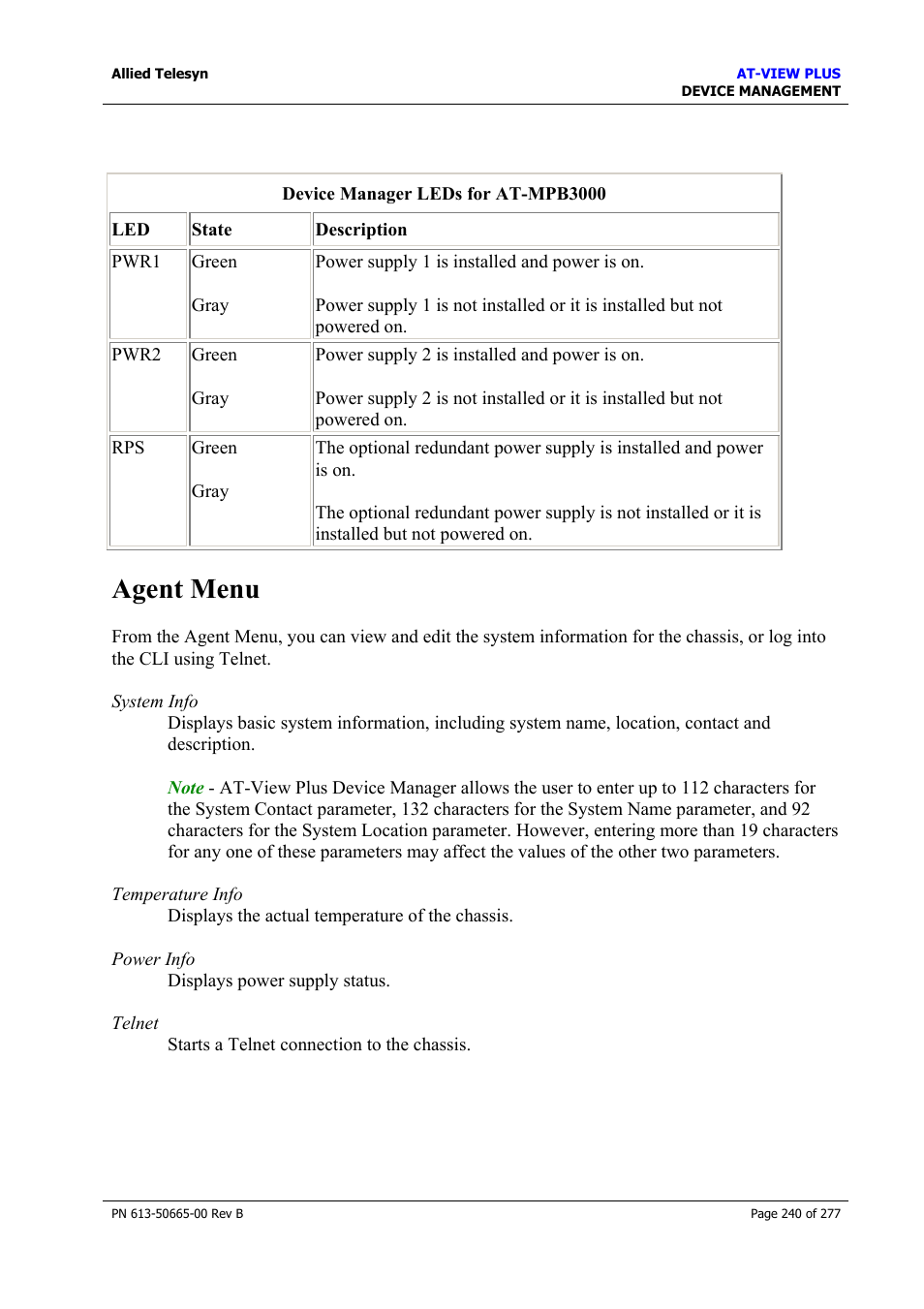 Agent menu | Allied Telesis AT-VIEW PLUS 3.1 DEVICE MANAGEMENT User Manual | Page 240 / 277