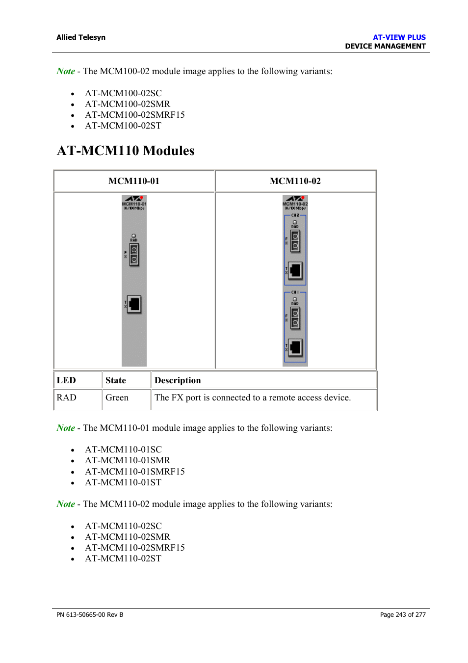 At-mcm110 modules, At-mcm1000s modules | Allied Telesis AT-VIEW PLUS 3.1 DEVICE MANAGEMENT User Manual | Page 243 / 277