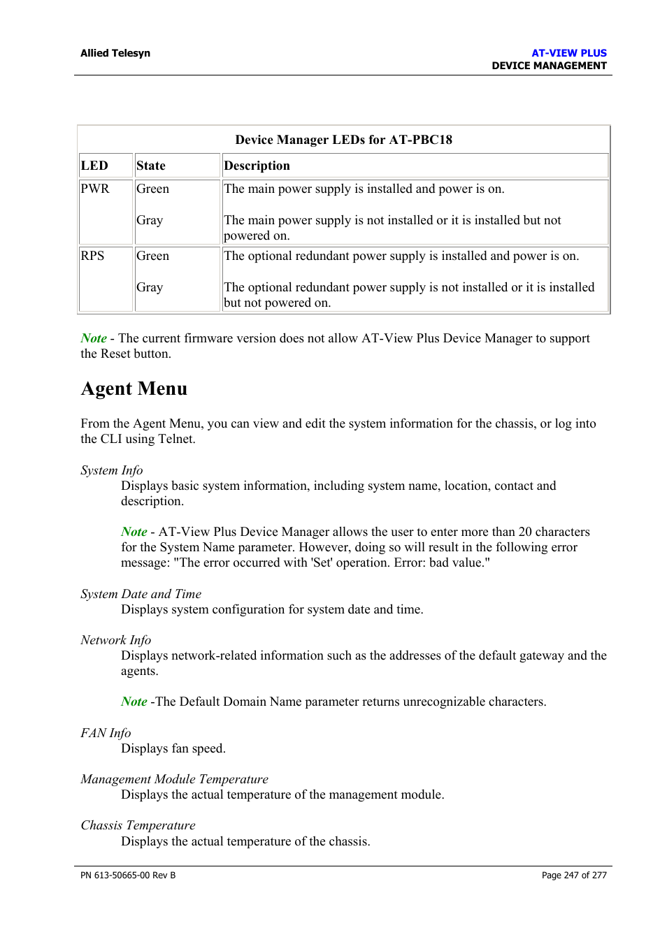Agent menu | Allied Telesis AT-VIEW PLUS 3.1 DEVICE MANAGEMENT User Manual | Page 247 / 277