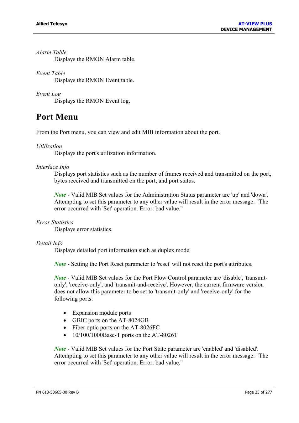 Port menu | Allied Telesis AT-VIEW PLUS 3.1 DEVICE MANAGEMENT User Manual | Page 25 / 277