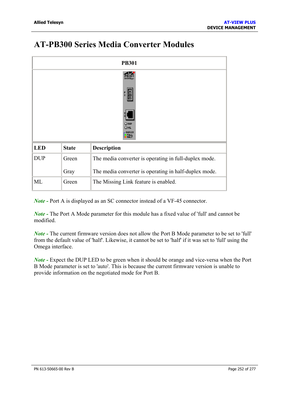 At-pb300 series media converter modules, At-pb1000 series media converter modules | Allied Telesis AT-VIEW PLUS 3.1 DEVICE MANAGEMENT User Manual | Page 252 / 277