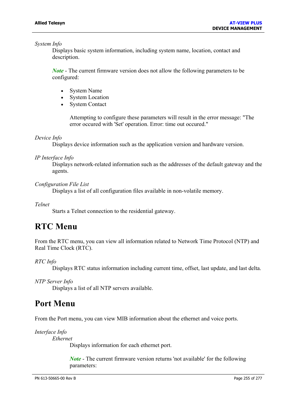 Rtc menu, Port menu, Rtc menu port menu | Allied Telesis AT-VIEW PLUS 3.1 DEVICE MANAGEMENT User Manual | Page 255 / 277