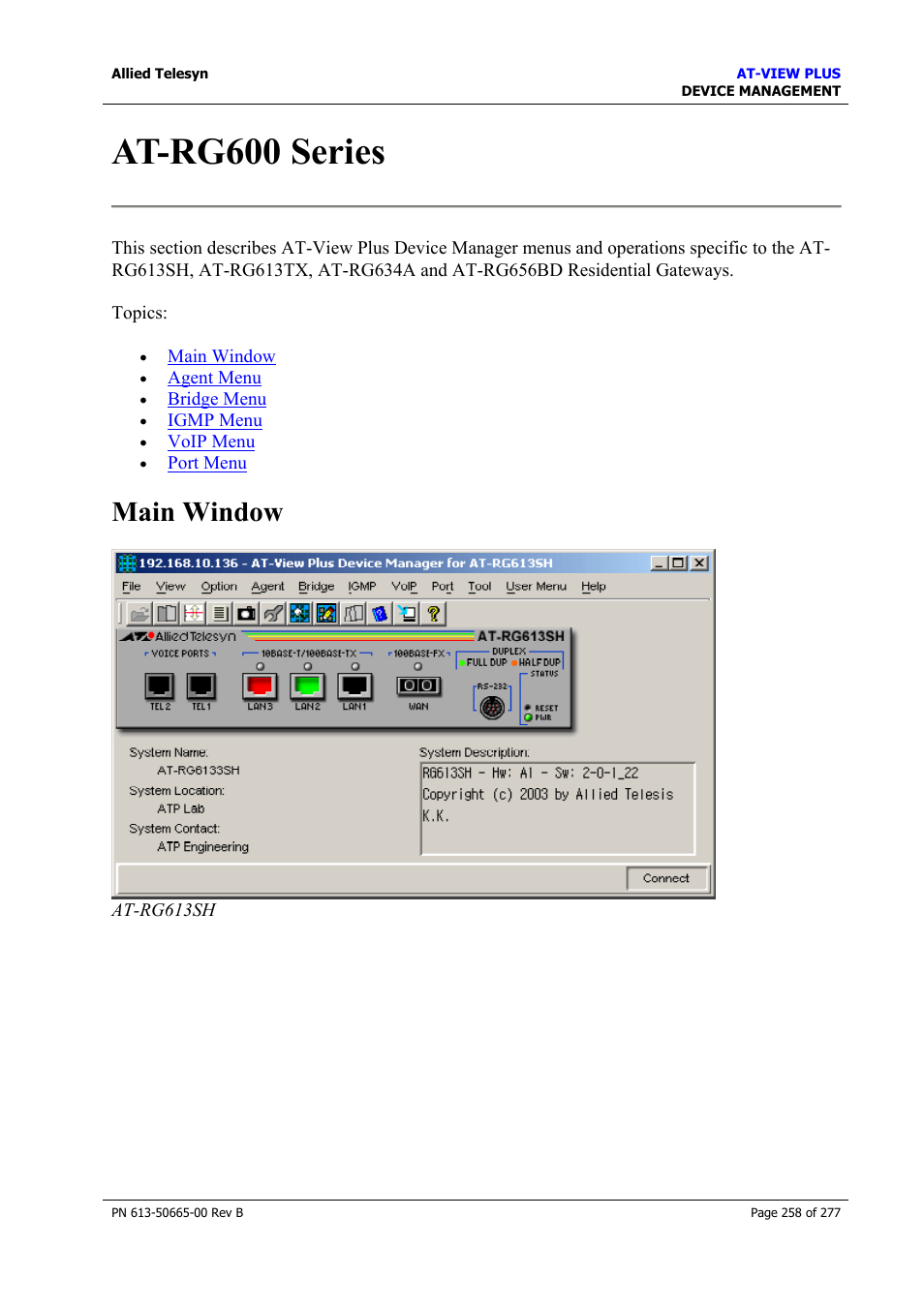 At-rg600 series, Main window | Allied Telesis AT-VIEW PLUS 3.1 DEVICE MANAGEMENT User Manual | Page 258 / 277