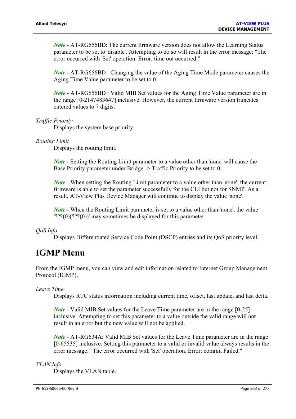 Igmp menu | Allied Telesis AT-VIEW PLUS 3.1 DEVICE MANAGEMENT User Manual | Page 263 / 277