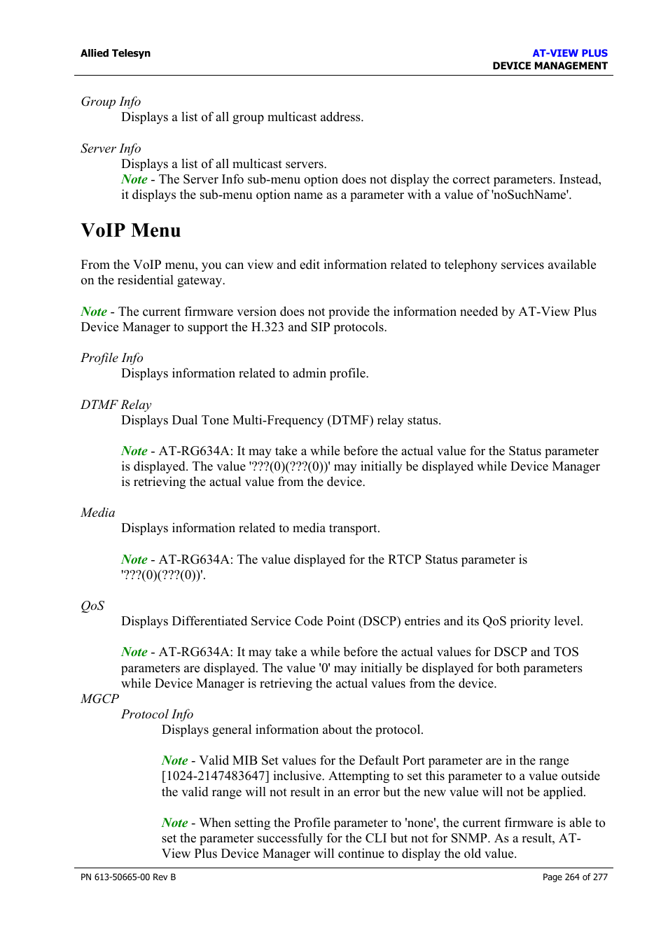 Voip menu | Allied Telesis AT-VIEW PLUS 3.1 DEVICE MANAGEMENT User Manual | Page 264 / 277
