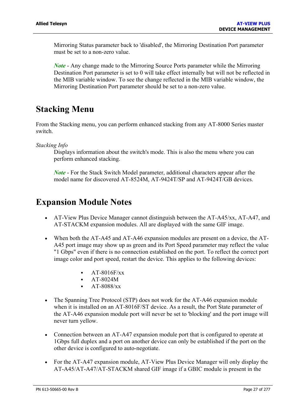 Stacking menu, Expansion module notes, Stacking menu expansion module notes | Allied Telesis AT-VIEW PLUS 3.1 DEVICE MANAGEMENT User Manual | Page 27 / 277