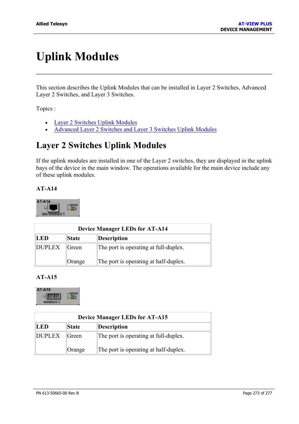 Uplink modules, Layer 2 switches uplink modules | Allied Telesis AT-VIEW PLUS 3.1 DEVICE MANAGEMENT User Manual | Page 273 / 277