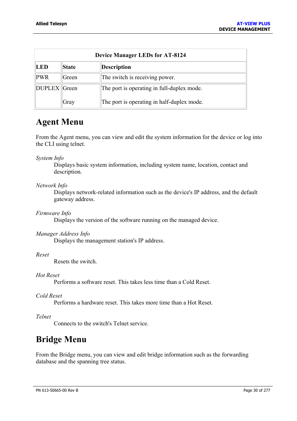 Agent menu, Bridge menu, Agent menu bridge menu | Allied Telesis AT-VIEW PLUS 3.1 DEVICE MANAGEMENT User Manual | Page 30 / 277