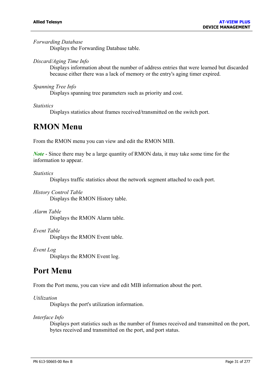 Rmon menu, Port menu, Rmon menu port menu | Allied Telesis AT-VIEW PLUS 3.1 DEVICE MANAGEMENT User Manual | Page 31 / 277
