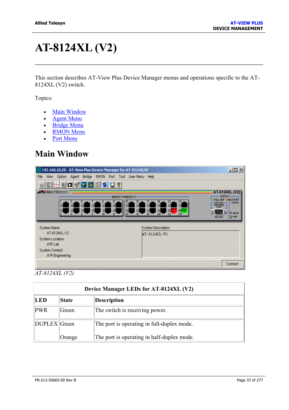 At-8124xl (v2), Main window | Allied Telesis AT-VIEW PLUS 3.1 DEVICE MANAGEMENT User Manual | Page 33 / 277