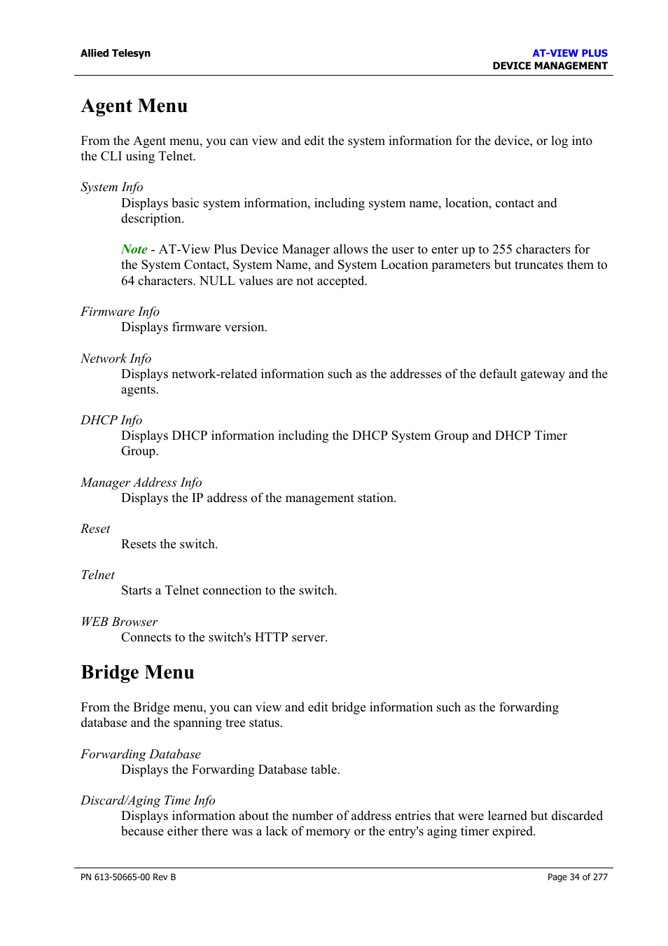 Agent menu, Bridge menu, Agent menu bridge menu | Allied Telesis AT-VIEW PLUS 3.1 DEVICE MANAGEMENT User Manual | Page 34 / 277