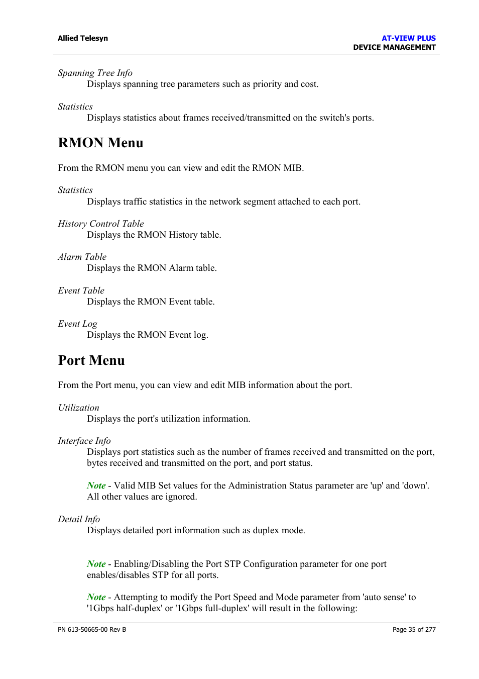 Rmon menu, Port menu, Rmon menu port menu | Allied Telesis AT-VIEW PLUS 3.1 DEVICE MANAGEMENT User Manual | Page 35 / 277