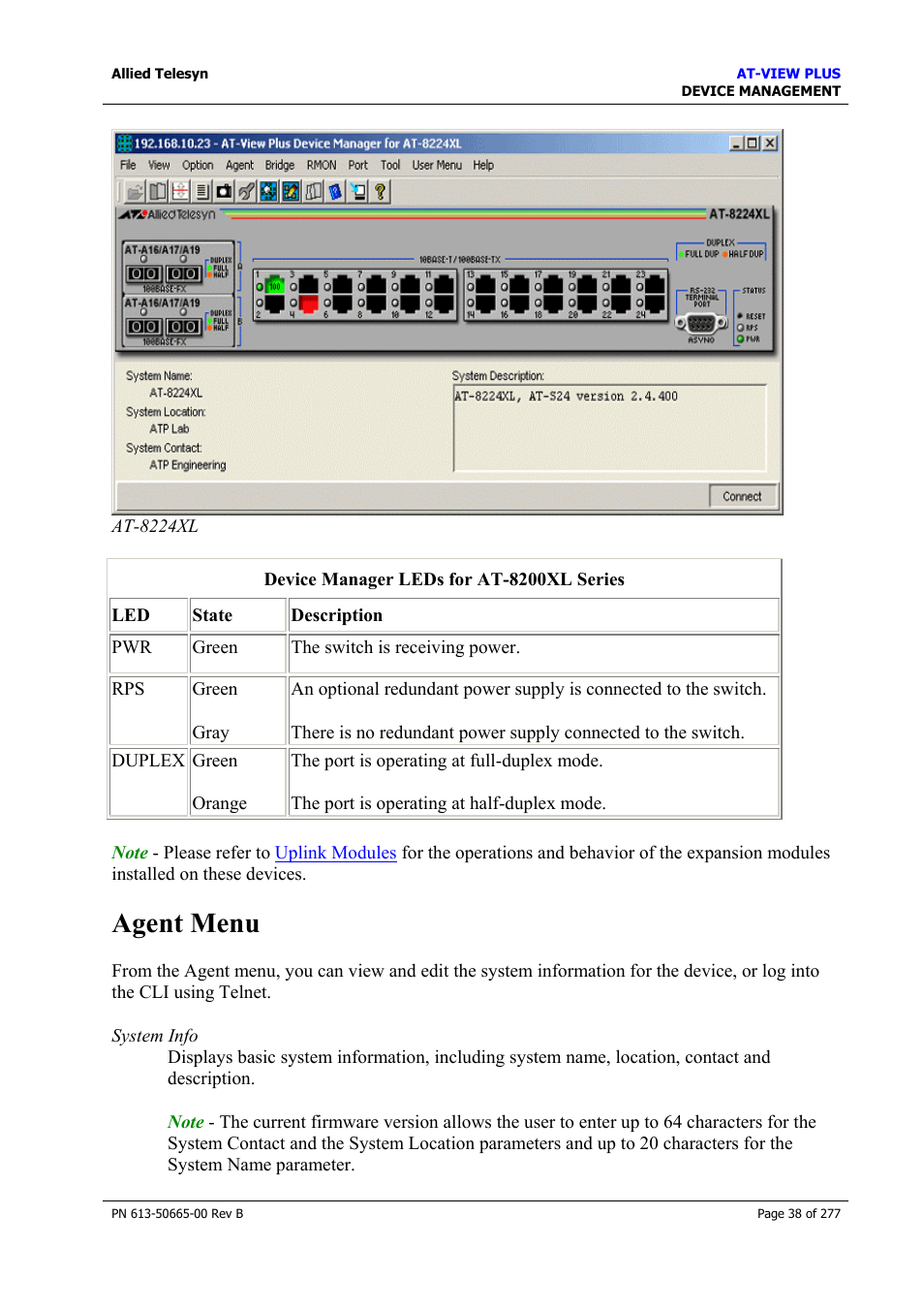 Agent menu | Allied Telesis AT-VIEW PLUS 3.1 DEVICE MANAGEMENT User Manual | Page 38 / 277
