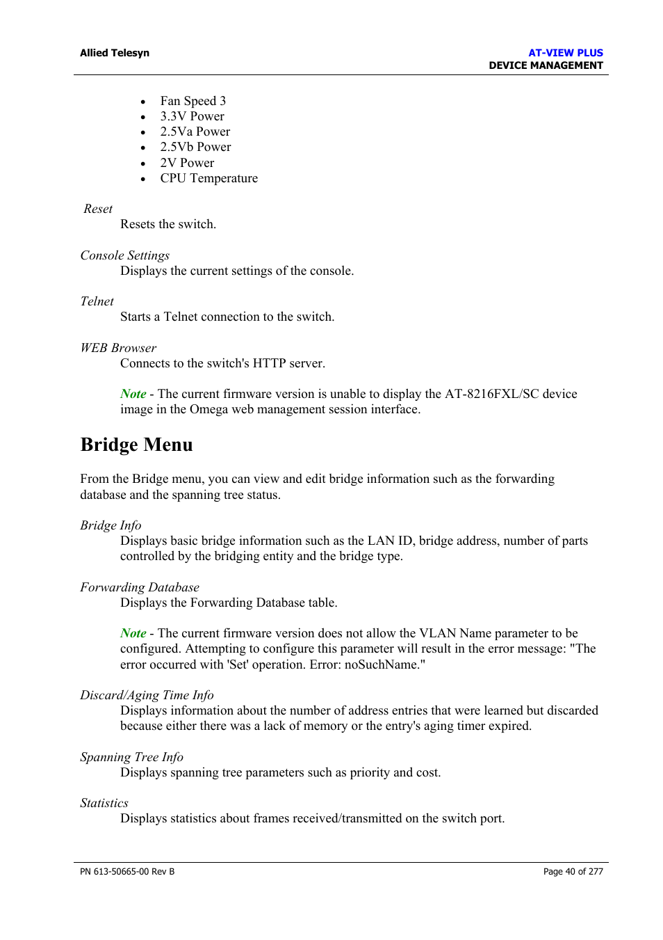 Bridge menu | Allied Telesis AT-VIEW PLUS 3.1 DEVICE MANAGEMENT User Manual | Page 40 / 277