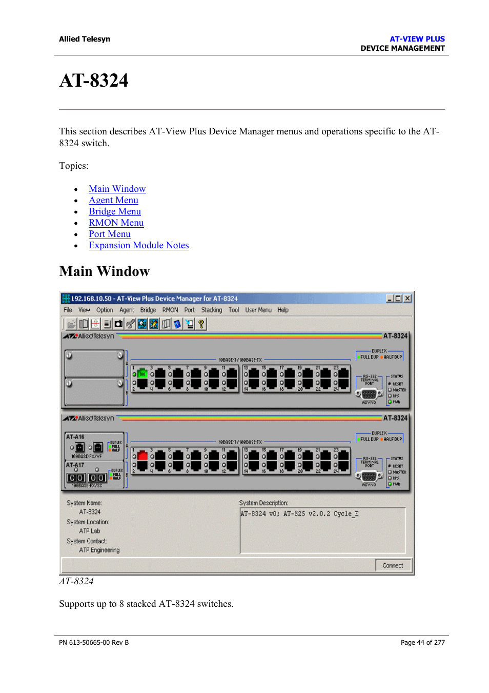At-8324, Main window | Allied Telesis AT-VIEW PLUS 3.1 DEVICE MANAGEMENT User Manual | Page 44 / 277