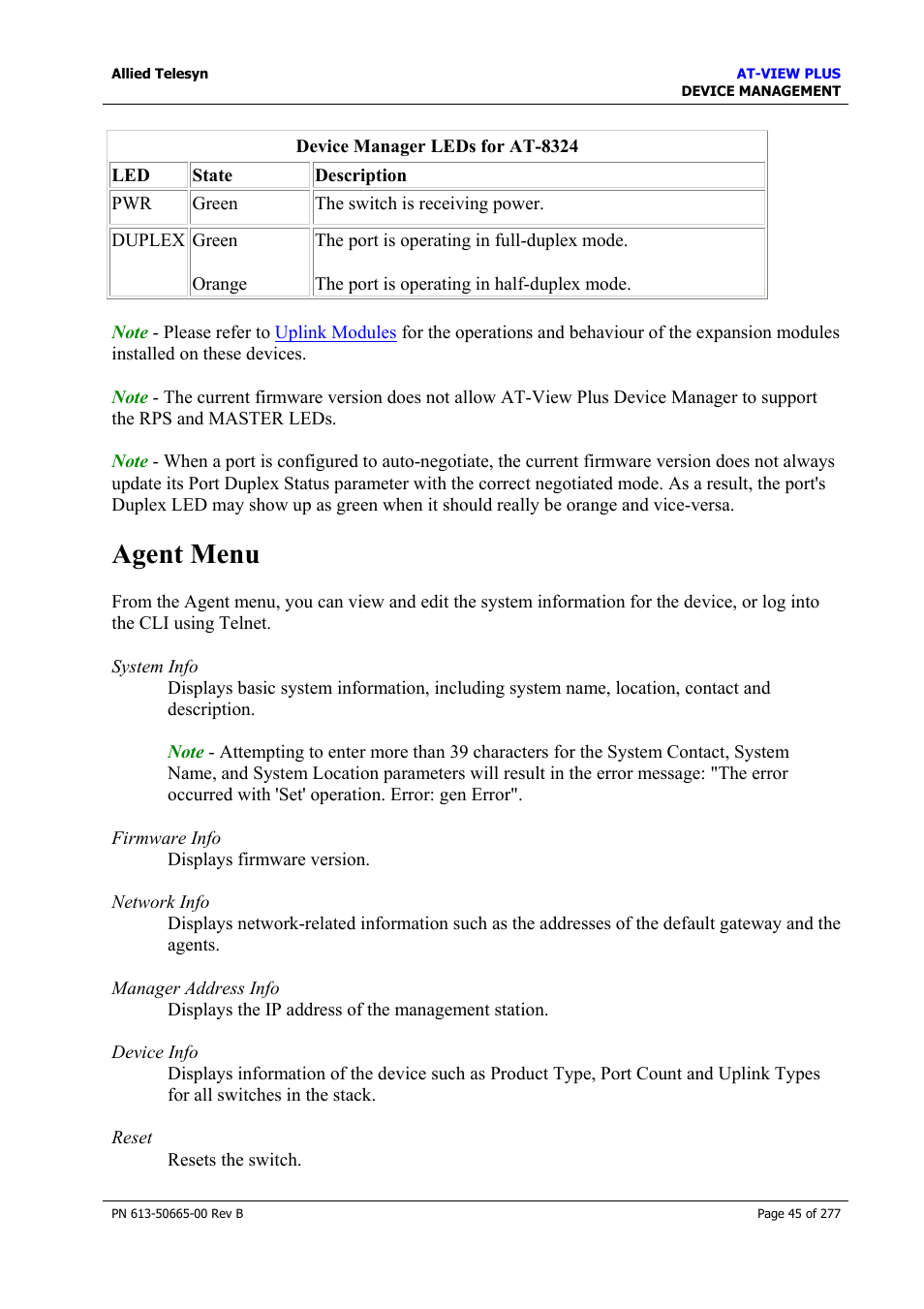 Agent menu | Allied Telesis AT-VIEW PLUS 3.1 DEVICE MANAGEMENT User Manual | Page 45 / 277