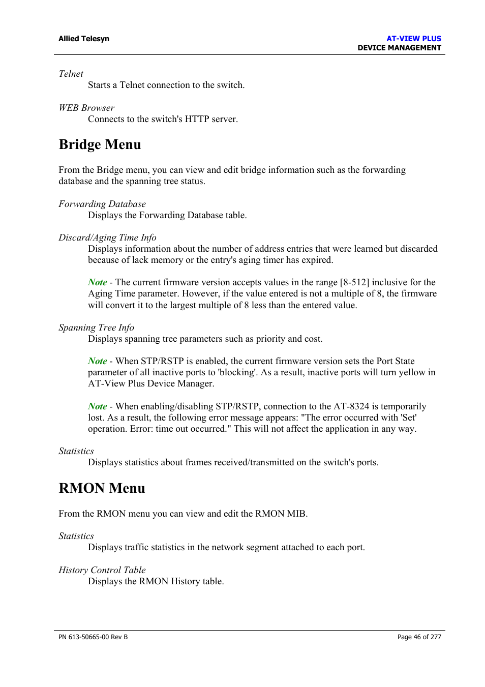 Bridge menu, Rmon menu, Bridge menu rmon menu | Allied Telesis AT-VIEW PLUS 3.1 DEVICE MANAGEMENT User Manual | Page 46 / 277