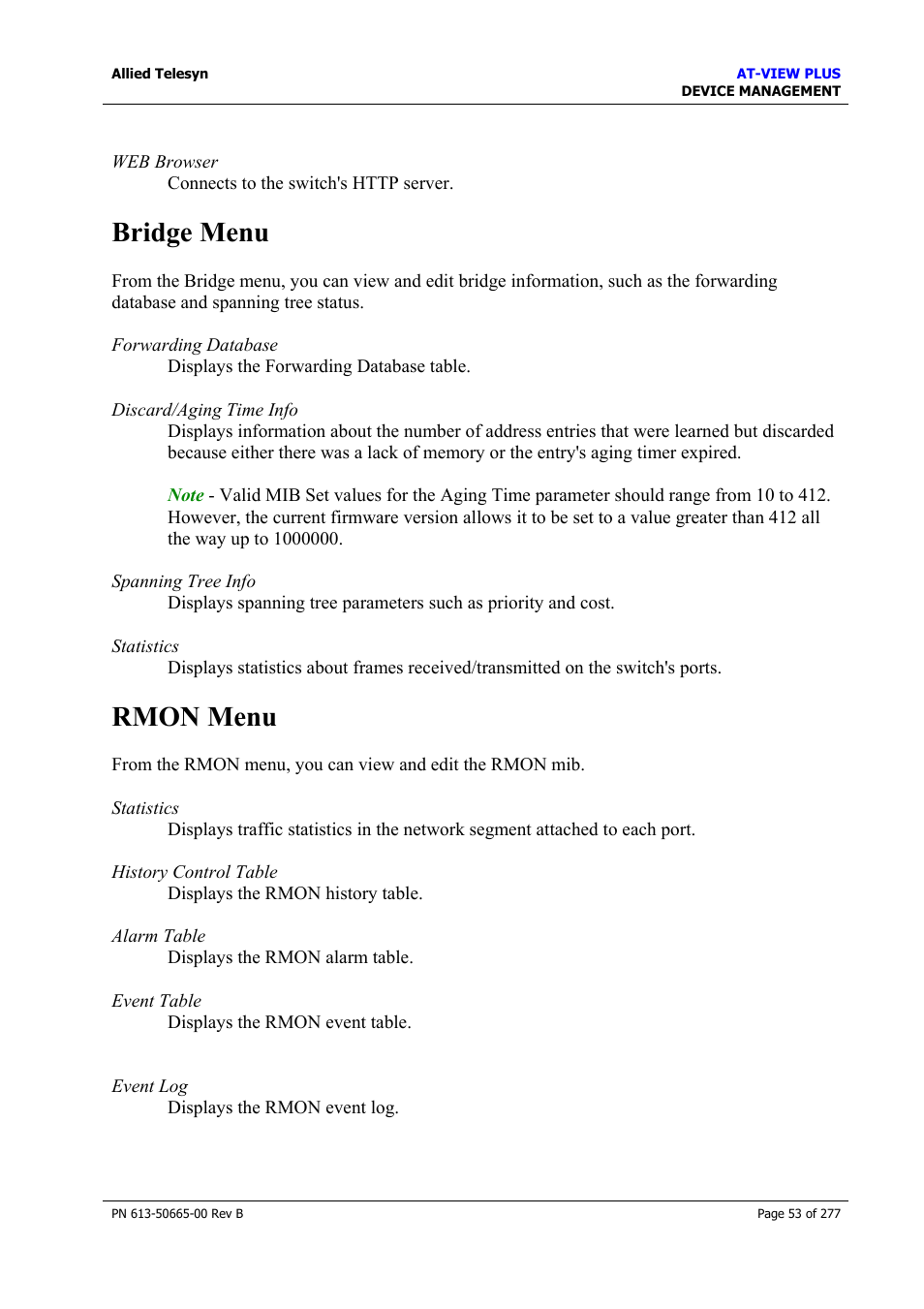 Bridge menu, Rmon menu, Bridge menu rmon menu | Port menu | Allied Telesis AT-VIEW PLUS 3.1 DEVICE MANAGEMENT User Manual | Page 53 / 277
