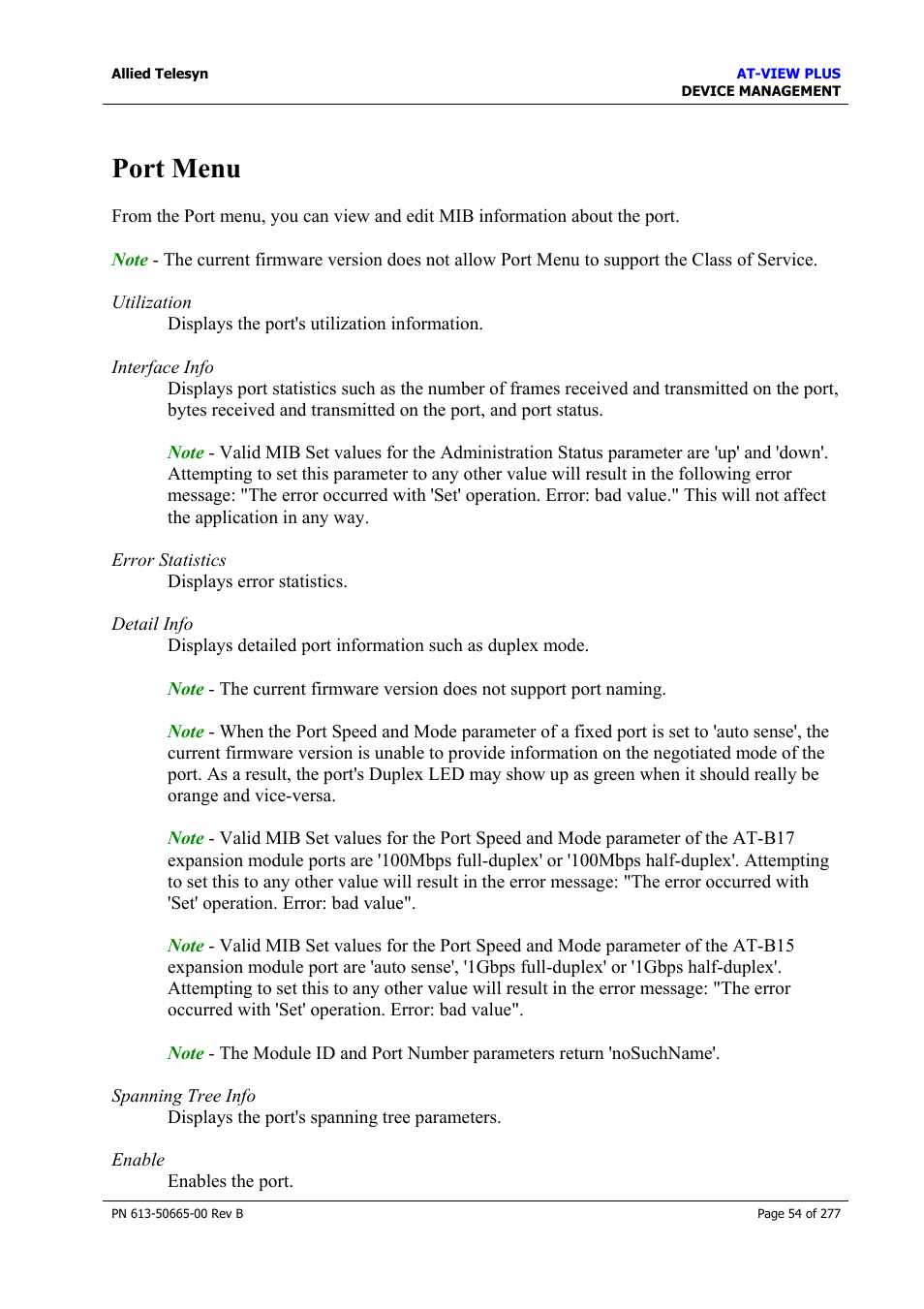 Port menu | Allied Telesis AT-VIEW PLUS 3.1 DEVICE MANAGEMENT User Manual | Page 54 / 277
