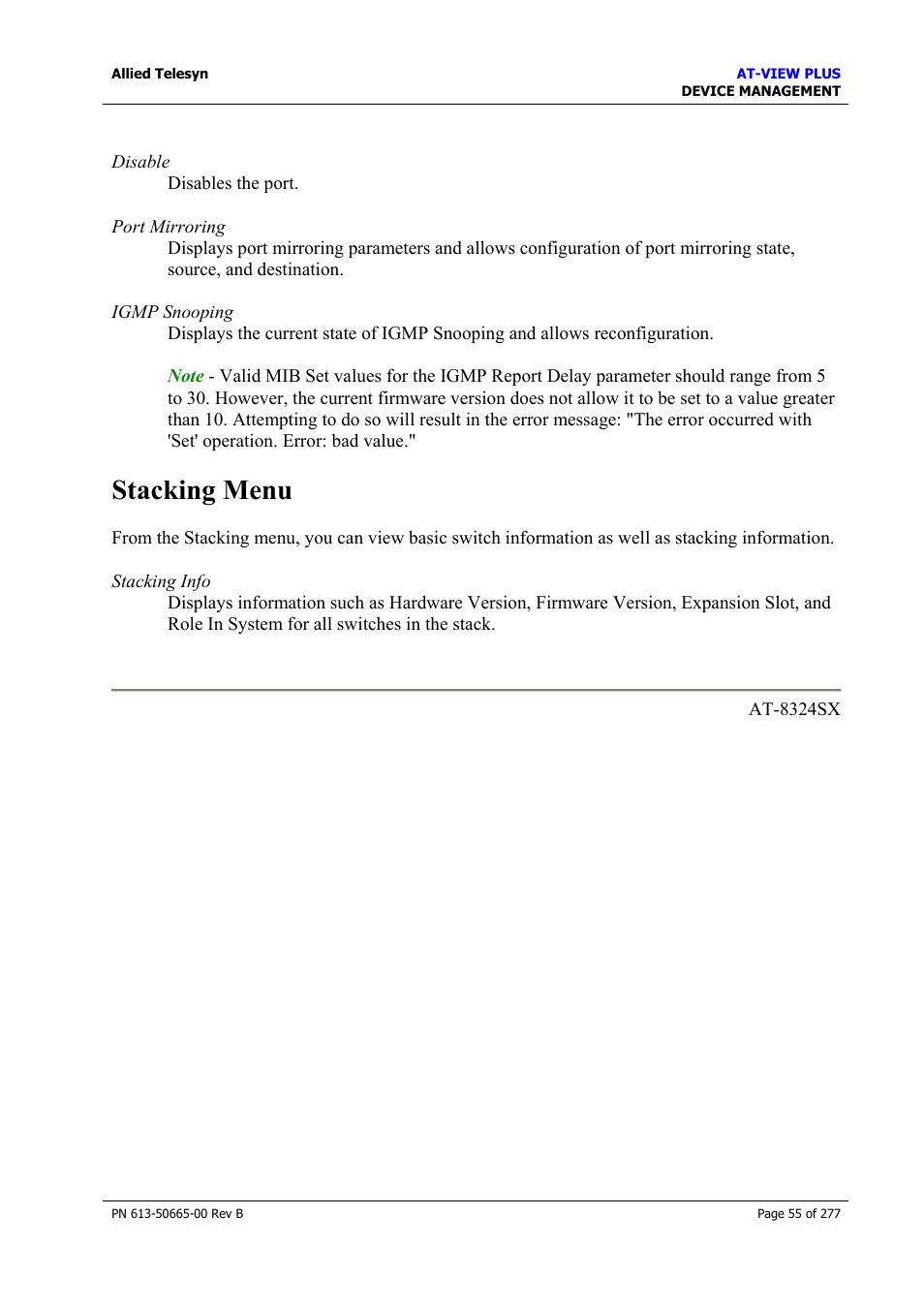 Stacking menu | Allied Telesis AT-VIEW PLUS 3.1 DEVICE MANAGEMENT User Manual | Page 55 / 277