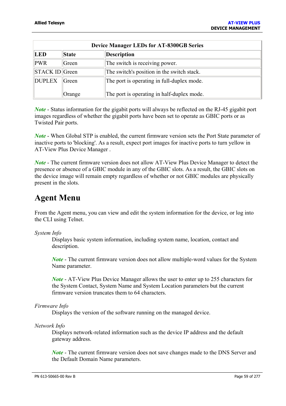 Agent menu | Allied Telesis AT-VIEW PLUS 3.1 DEVICE MANAGEMENT User Manual | Page 59 / 277