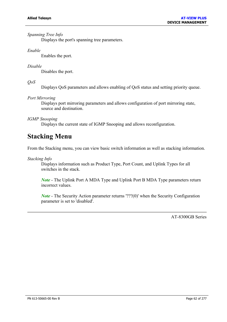Stacking menu | Allied Telesis AT-VIEW PLUS 3.1 DEVICE MANAGEMENT User Manual | Page 62 / 277