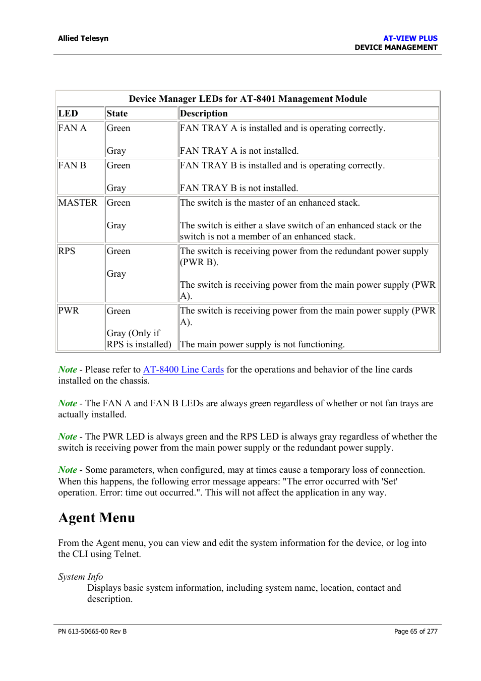 Agent menu | Allied Telesis AT-VIEW PLUS 3.1 DEVICE MANAGEMENT User Manual | Page 65 / 277