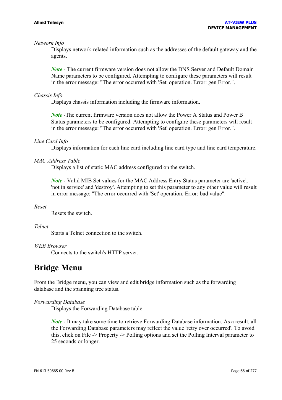 Bridge menu | Allied Telesis AT-VIEW PLUS 3.1 DEVICE MANAGEMENT User Manual | Page 66 / 277
