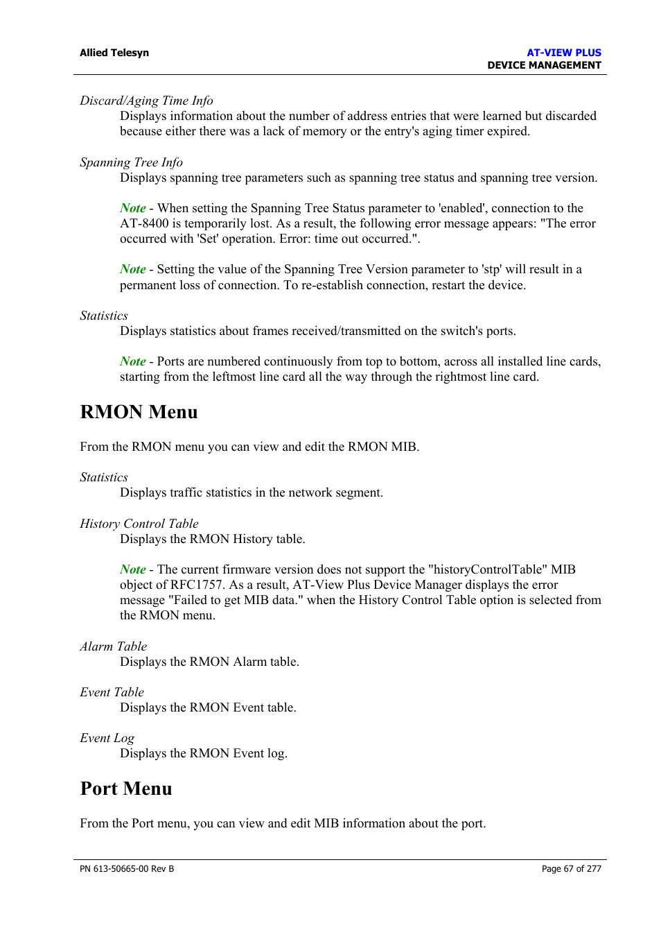Rmon menu, Port menu, Rmon menu port menu | Allied Telesis AT-VIEW PLUS 3.1 DEVICE MANAGEMENT User Manual | Page 67 / 277