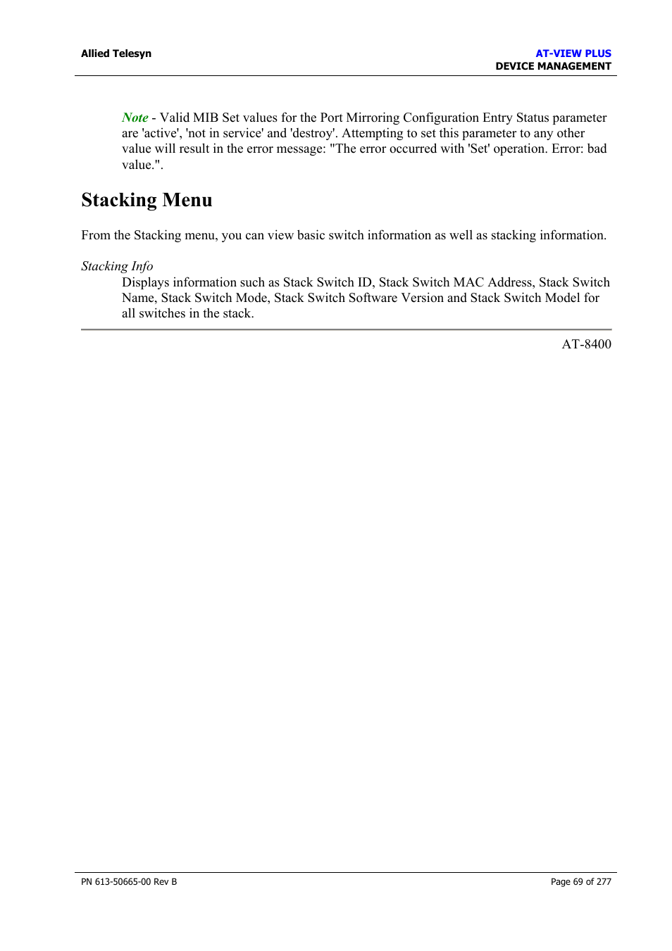 Stacking menu | Allied Telesis AT-VIEW PLUS 3.1 DEVICE MANAGEMENT User Manual | Page 69 / 277