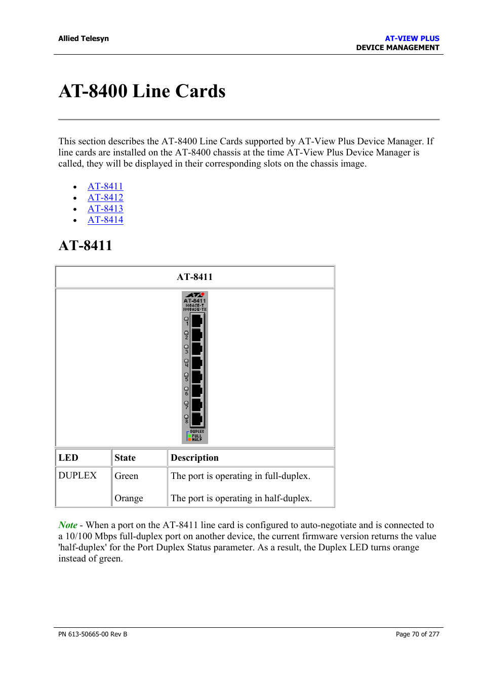 At-8400 line cards, At-8411 | Allied Telesis AT-VIEW PLUS 3.1 DEVICE MANAGEMENT User Manual | Page 70 / 277