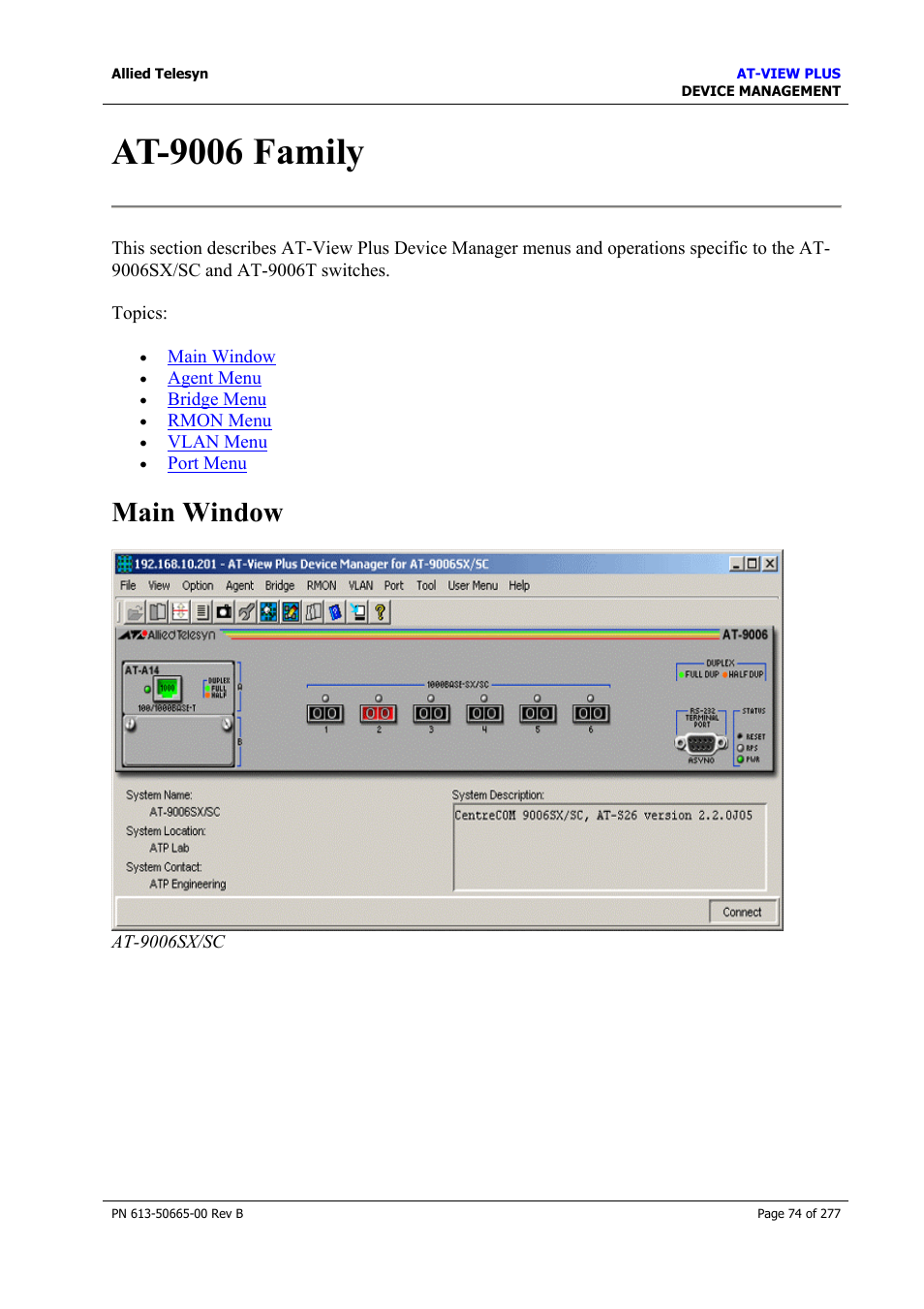 At-9006 family, Main window | Allied Telesis AT-VIEW PLUS 3.1 DEVICE MANAGEMENT User Manual | Page 74 / 277