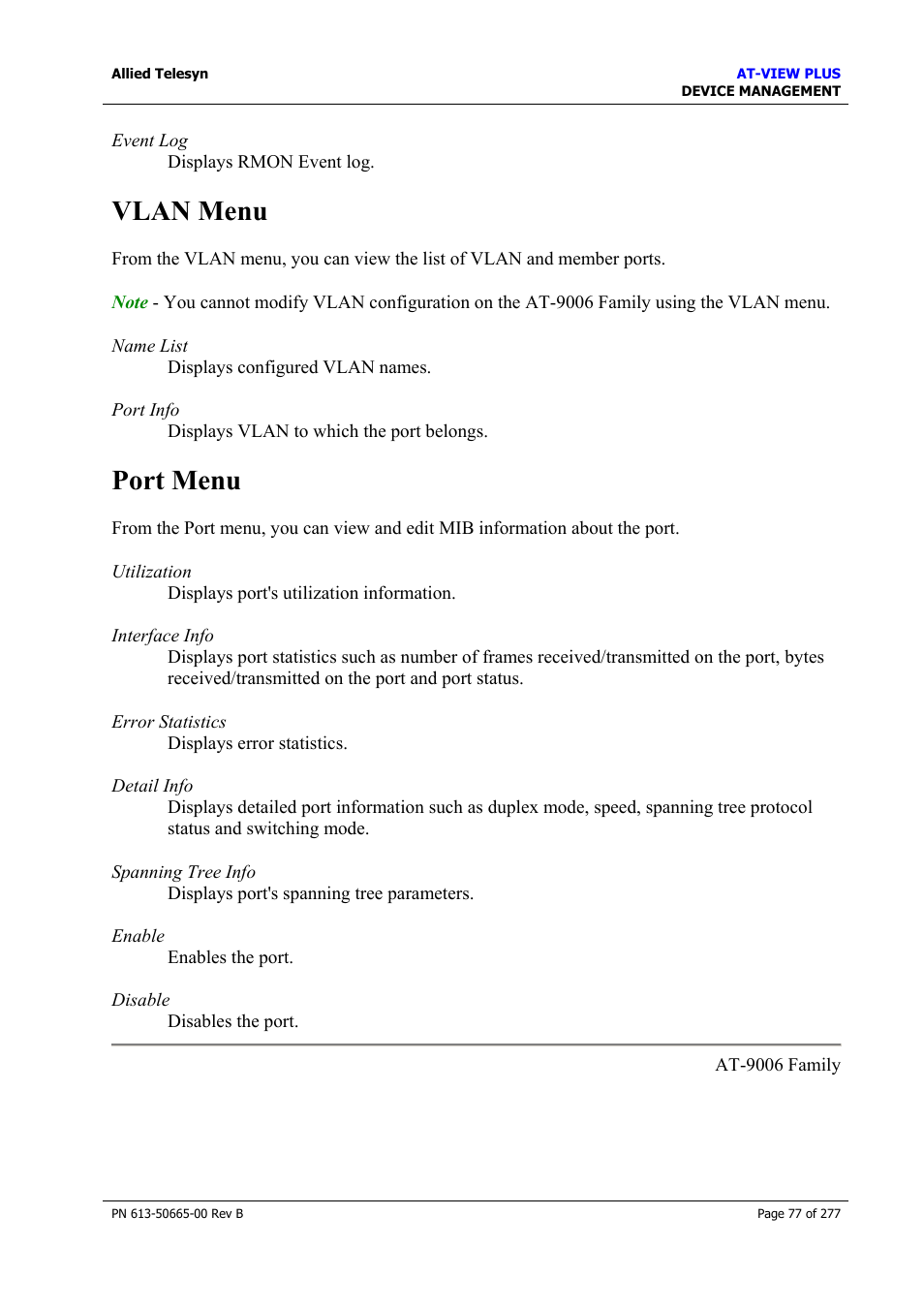 Vlan menu, Port menu, Vlan menu port menu | Allied Telesis AT-VIEW PLUS 3.1 DEVICE MANAGEMENT User Manual | Page 77 / 277