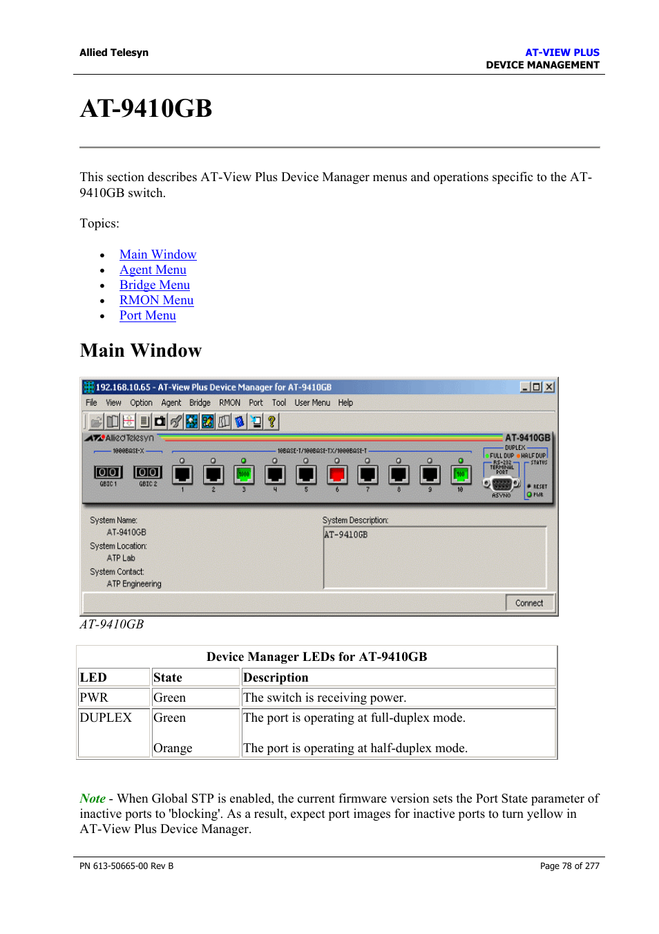 At-9410gb, Main window | Allied Telesis AT-VIEW PLUS 3.1 DEVICE MANAGEMENT User Manual | Page 78 / 277