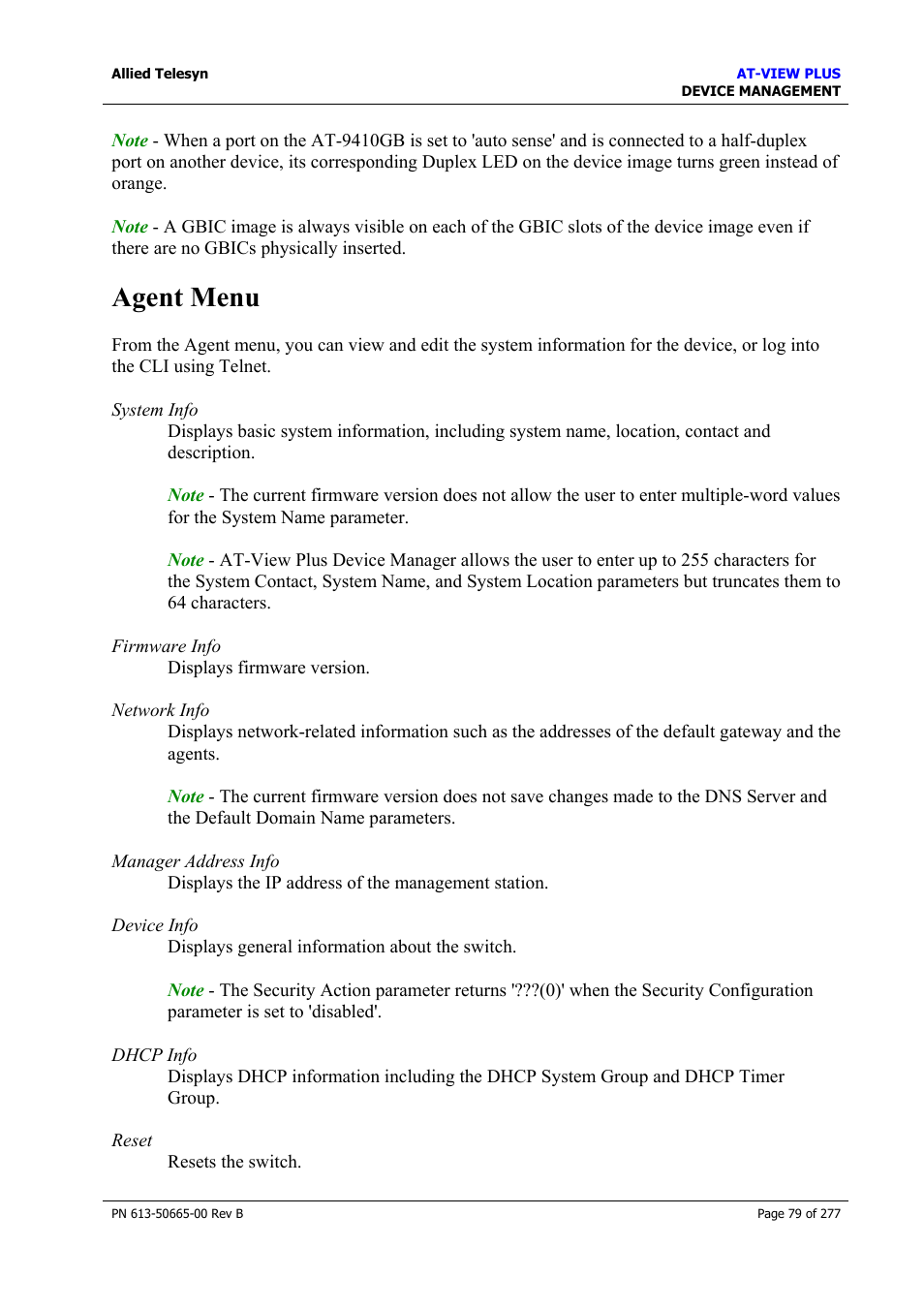 Agent menu | Allied Telesis AT-VIEW PLUS 3.1 DEVICE MANAGEMENT User Manual | Page 79 / 277