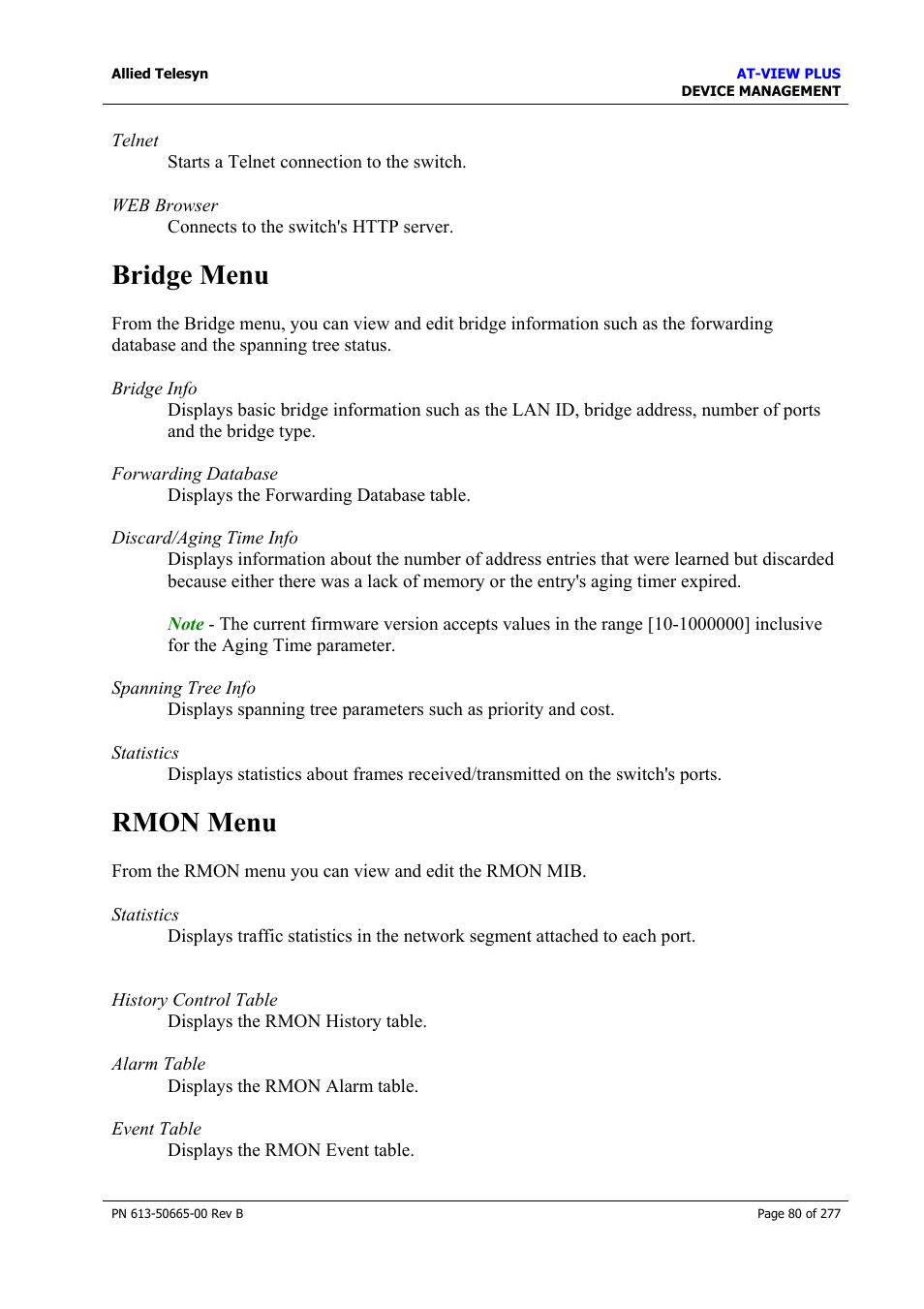 Bridge menu, Rmon menu, Bridge menu rmon menu | Allied Telesis AT-VIEW PLUS 3.1 DEVICE MANAGEMENT User Manual | Page 80 / 277