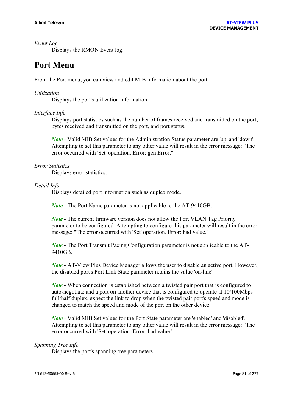 Port menu | Allied Telesis AT-VIEW PLUS 3.1 DEVICE MANAGEMENT User Manual | Page 81 / 277