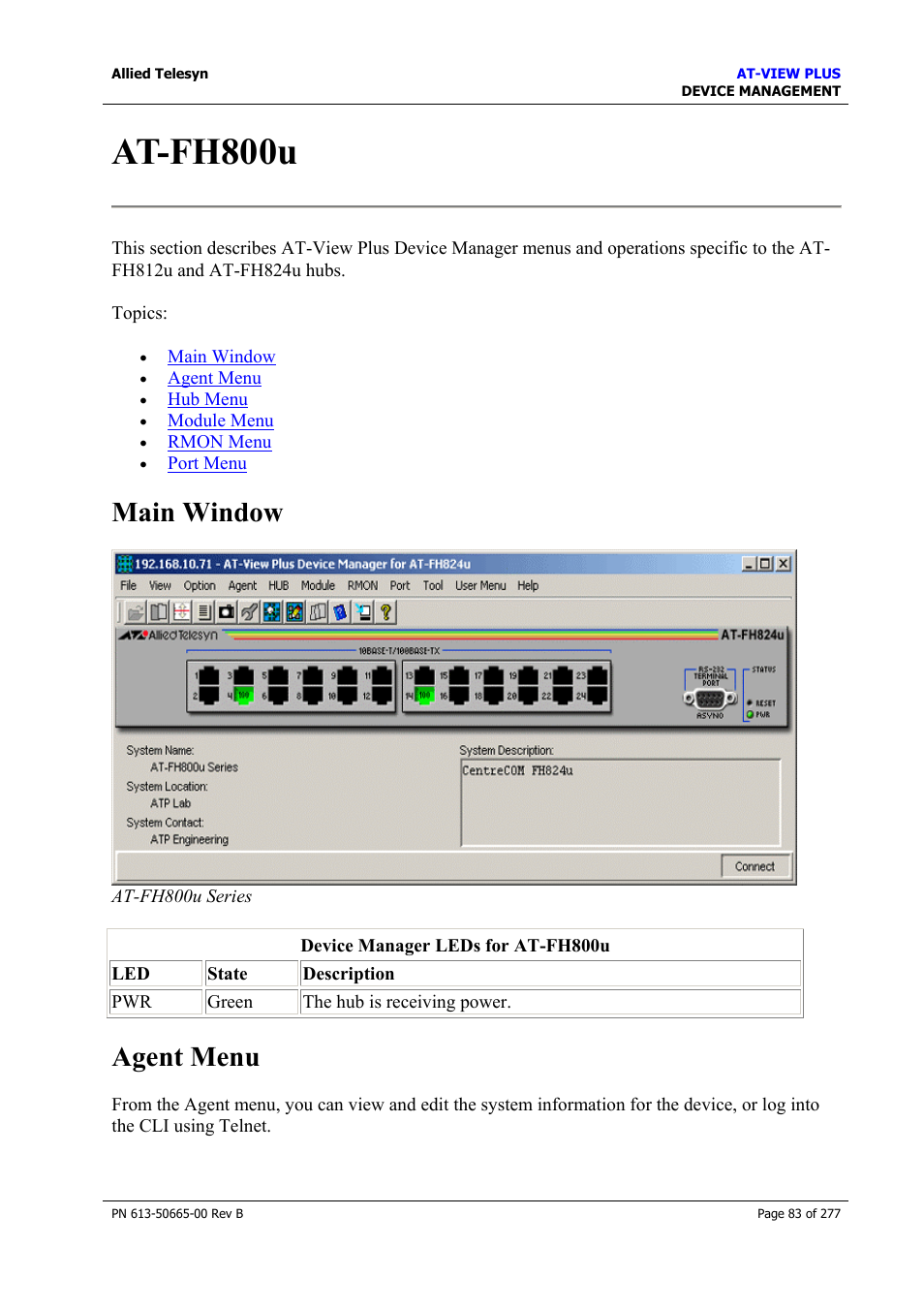 At-fh800u, Main window, Agent menu | Main window agent menu | Allied Telesis AT-VIEW PLUS 3.1 DEVICE MANAGEMENT User Manual | Page 83 / 277