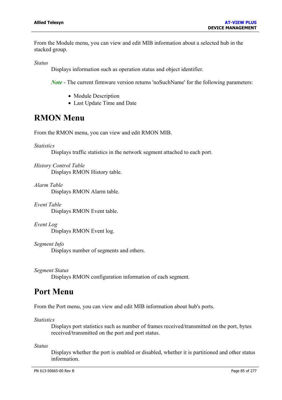 Rmon menu, Port menu, Rmon menu port menu | Allied Telesis AT-VIEW PLUS 3.1 DEVICE MANAGEMENT User Manual | Page 85 / 277