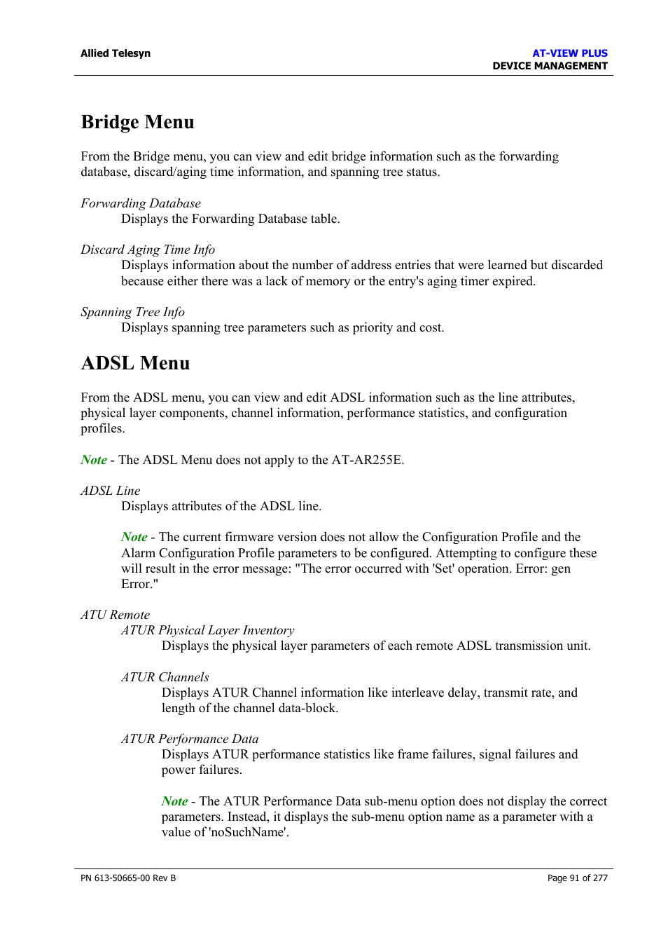 Bridge menu, Adsl menu, Bridge menu adsl menu | Allied Telesis AT-VIEW PLUS 3.1 DEVICE MANAGEMENT User Manual | Page 91 / 277