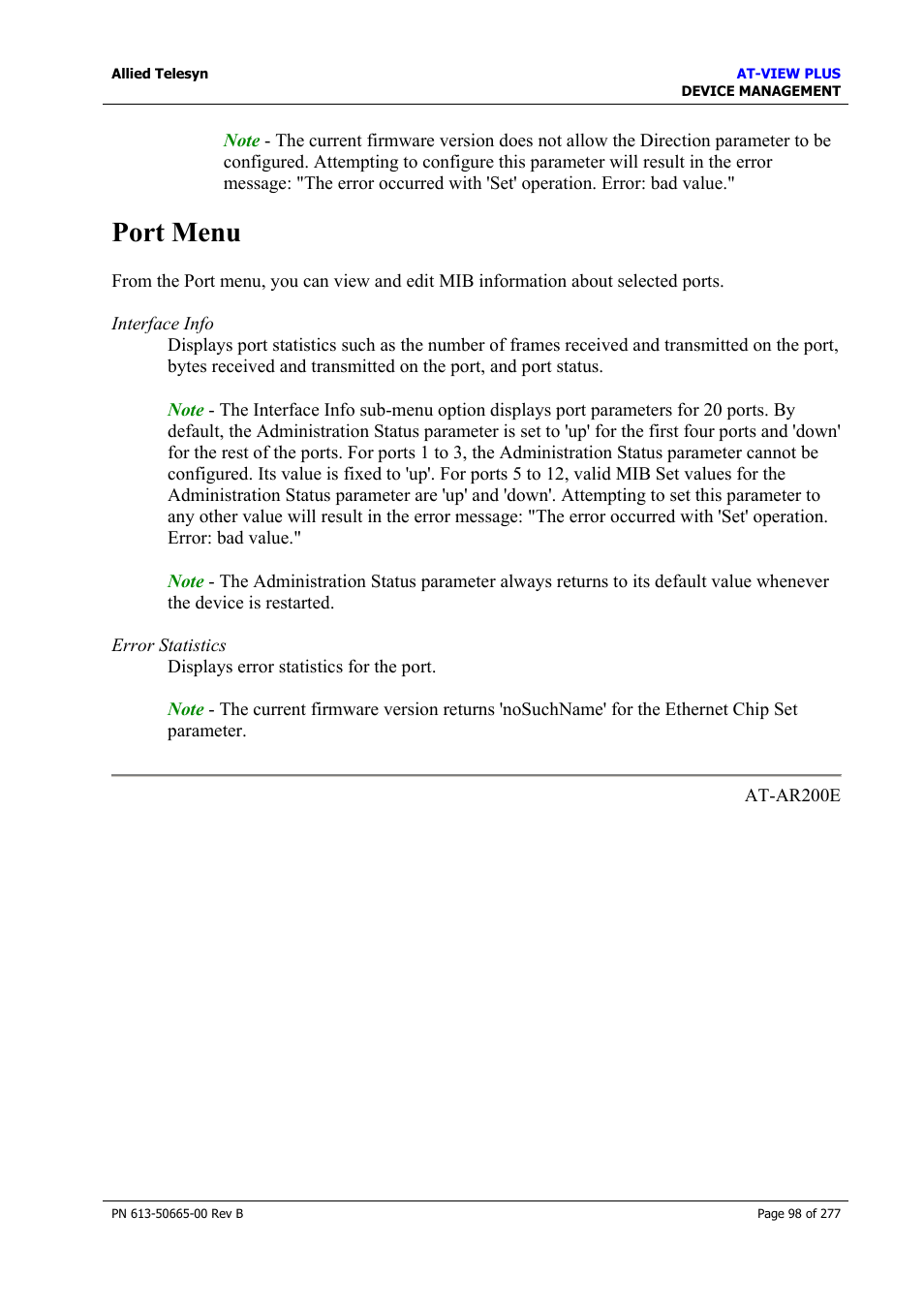 Port menu | Allied Telesis AT-VIEW PLUS 3.1 DEVICE MANAGEMENT User Manual | Page 98 / 277