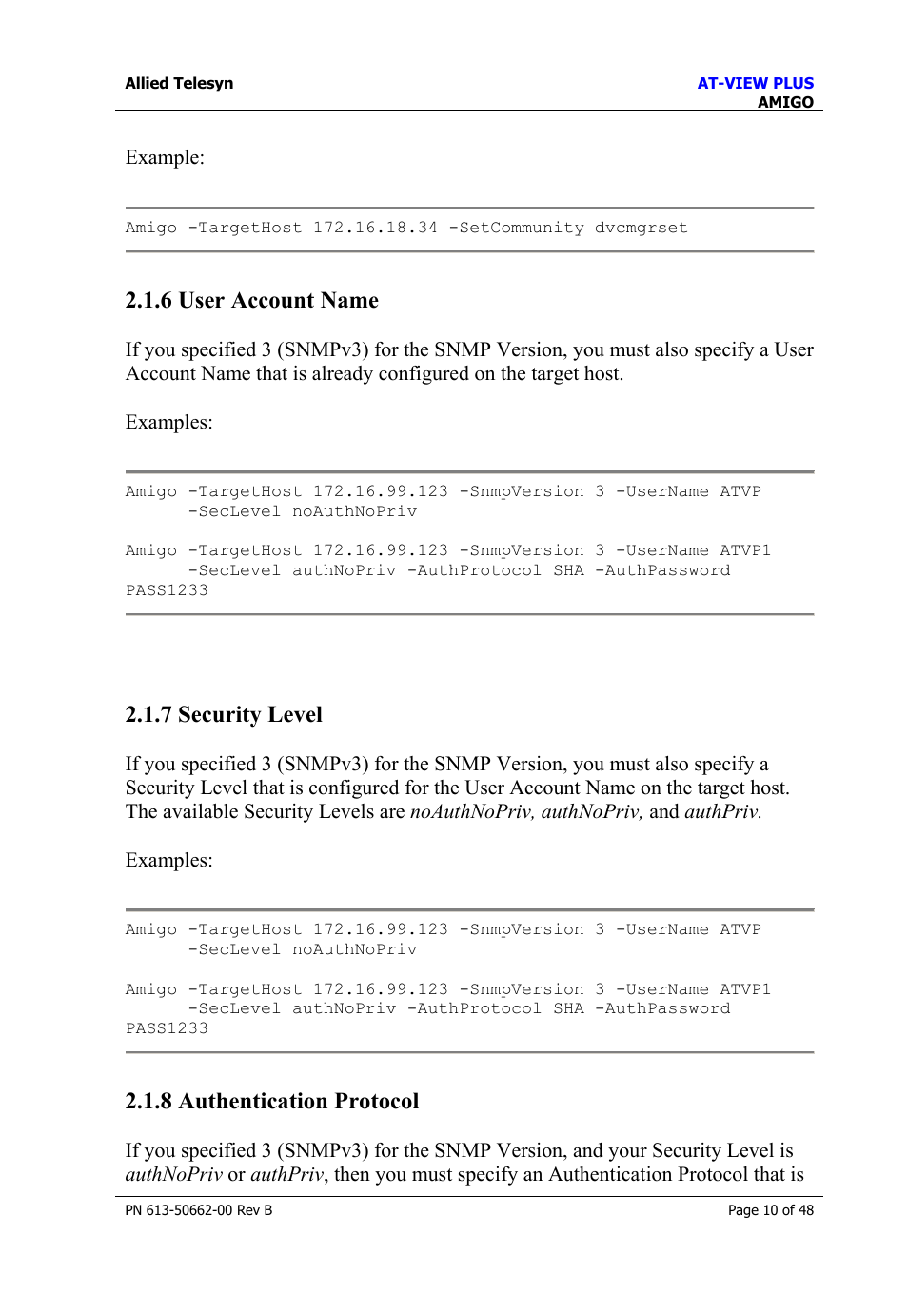 6 user account name, 7 security level, 8 authentication protocol | User account name, Security level, Authentication protocol | Allied Telesis AT-VIEW PLUS 3.1 AMIGO User Manual | Page 10 / 48