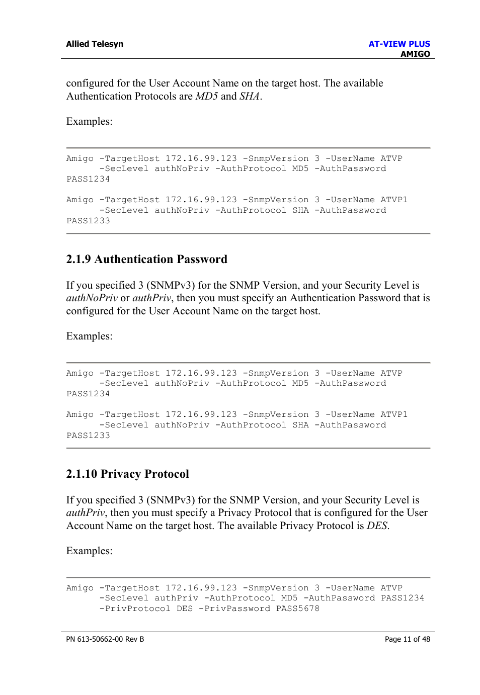 9 authentication password, 10 privacy protocol, 9 authentication password 2.1.10 privacy protocol | Authentication password, Privacy protocol | Allied Telesis AT-VIEW PLUS 3.1 AMIGO User Manual | Page 11 / 48