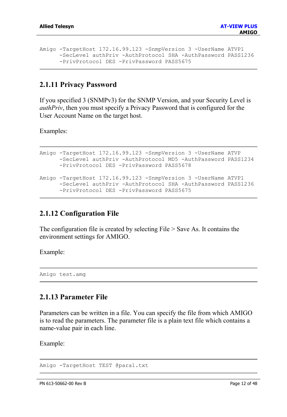 11 privacy password, 12 configuration file, 13 parameter file | Privacy password, Configuration file, Parameter file | Allied Telesis AT-VIEW PLUS 3.1 AMIGO User Manual | Page 12 / 48