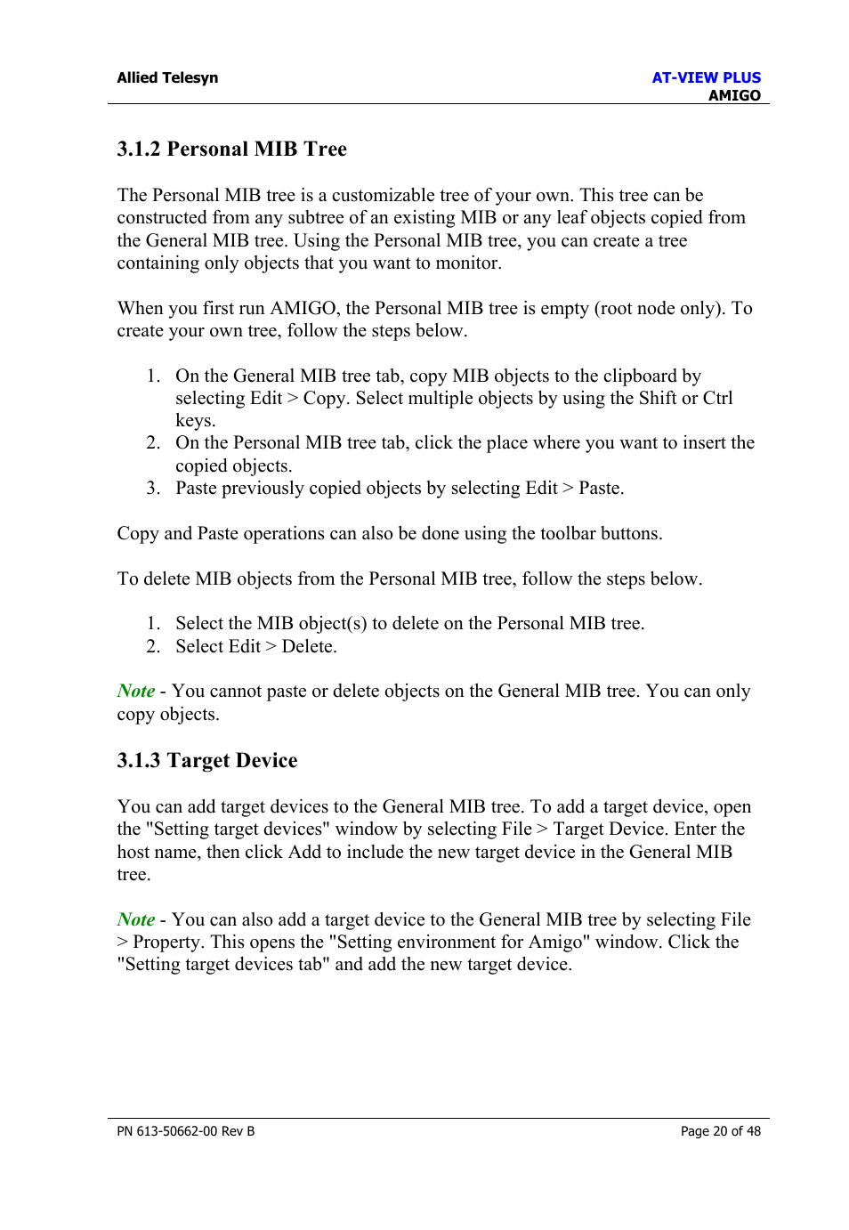 2 personal mib tree, 3 target device, 2 personal mib tree 3.1.3 target device | Personal mib tree, Target device | Allied Telesis AT-VIEW PLUS 3.1 AMIGO User Manual | Page 20 / 48