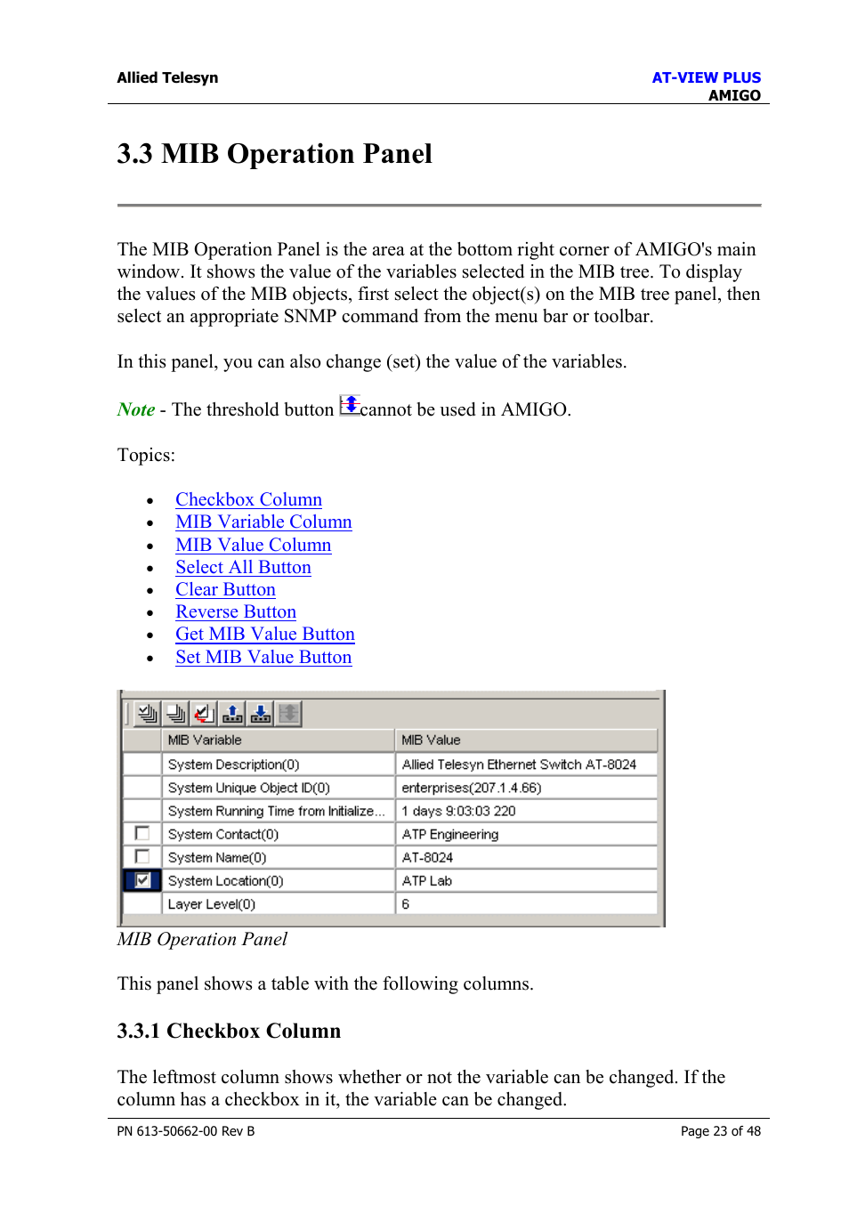 3 mib operation panel, 1 checkbox column, Mib operation panel | Allied Telesis AT-VIEW PLUS 3.1 AMIGO User Manual | Page 23 / 48