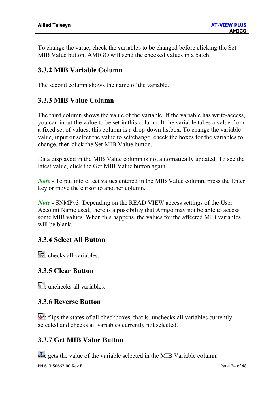 2 mib variable column, 3 mib value column, 4 select all button | 5 clear button, 6 reverse button, 7 get mib value button, Mib variable column, Mib value column, Select all button, Clear button | Allied Telesis AT-VIEW PLUS 3.1 AMIGO User Manual | Page 24 / 48